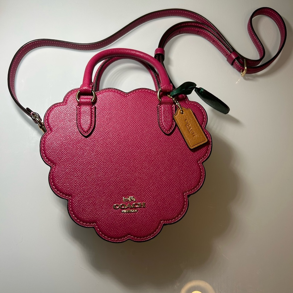 Coach Magenta Scallop Leather Crossbody Bag with Tan Tag